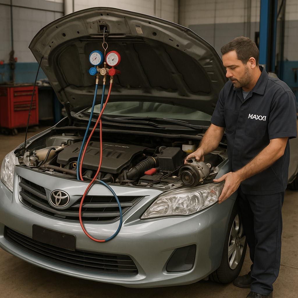 Compressor do ar do Toyota Corolla aberto com danos internos, mostrando os riscos do recondicionamento.