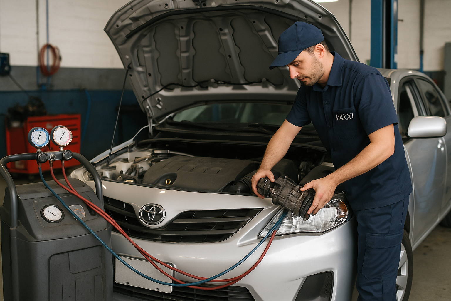 Mecânico instalando um compressor novo do ar do Toyota Corolla e conferindo conexões em Belo Horizonte.
